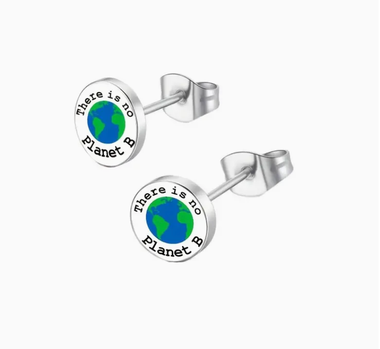 Pair of Earth Day-themed earrings featuring the phrase There Is No Planet B, perfect for eco-conscious fashion and environmental awareness.