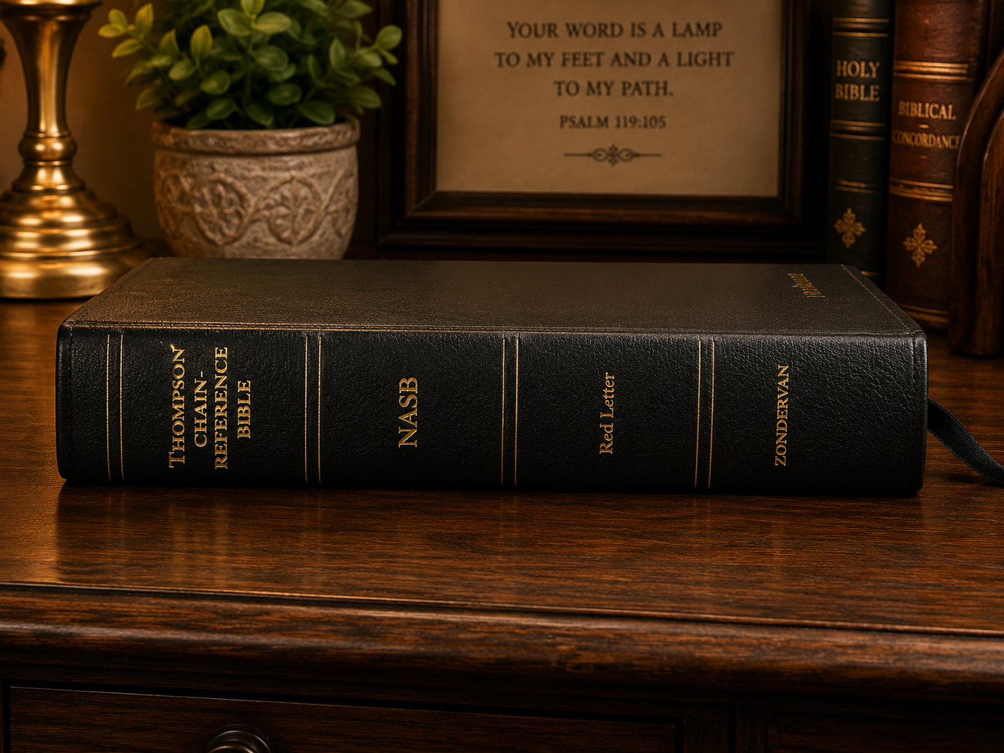 Spine view of a Thompson Chain-Reference Bible featuring NASB translation, Red Letter Edition designation, and Zondervan publishing information.