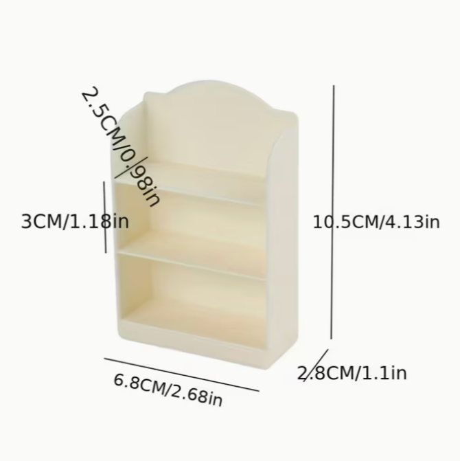 size chart for miniature bookshelf display showing dimensions of tiny multi shelf bookcase decor