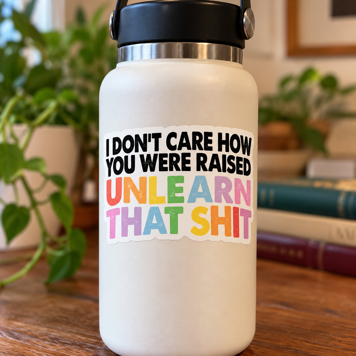 Colorful die cut sticker reading I Don't Care How You Were Raised Unlearn That Shit