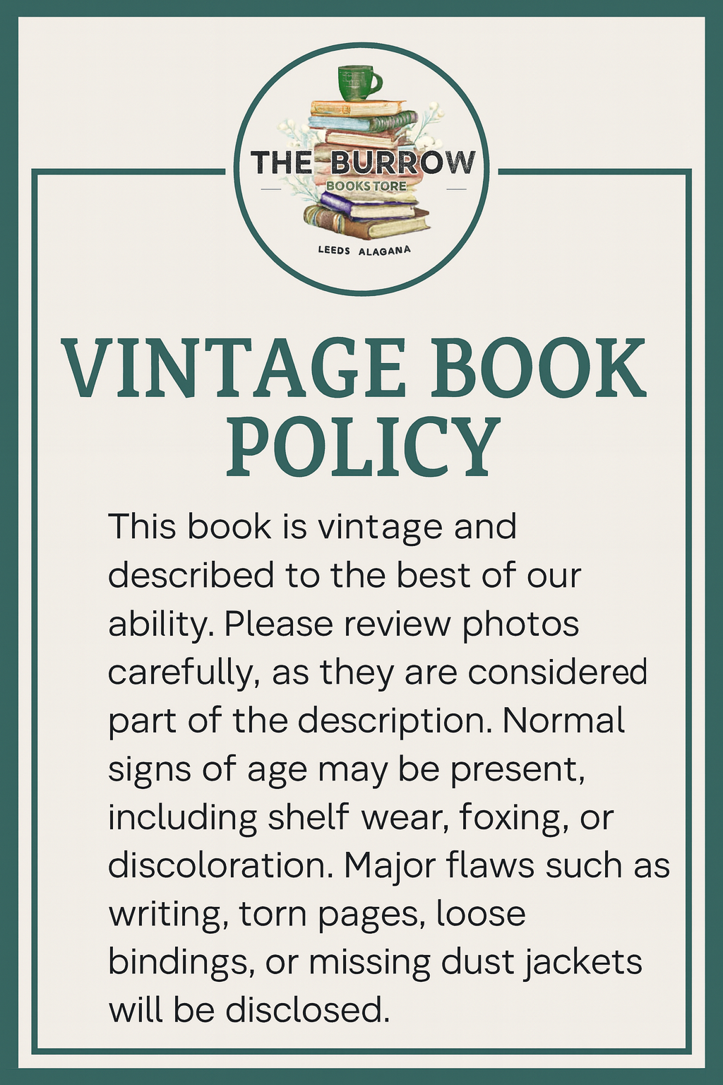 Vintage book policy text with 'The Burrow' logo and books illustration on a white background