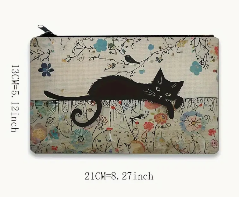 Floral pouch with a black cat design, size indicated in centimeters and inches.