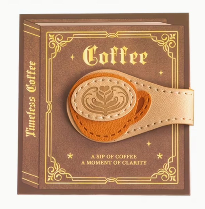 Vintage coffee magnetic bookmark made from brown and cream faux leather with stitched details and embossed latte art design.