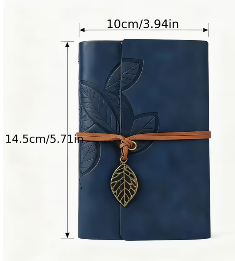 Vintage navy leaf embossed pocket journal showing approximately 5.71 by 3.94 inch dimensions