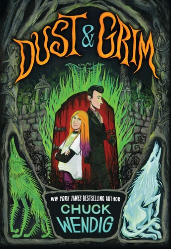 Book cover of 'Dust & Grim' with a couple and wolves in a dark, gothic setting.