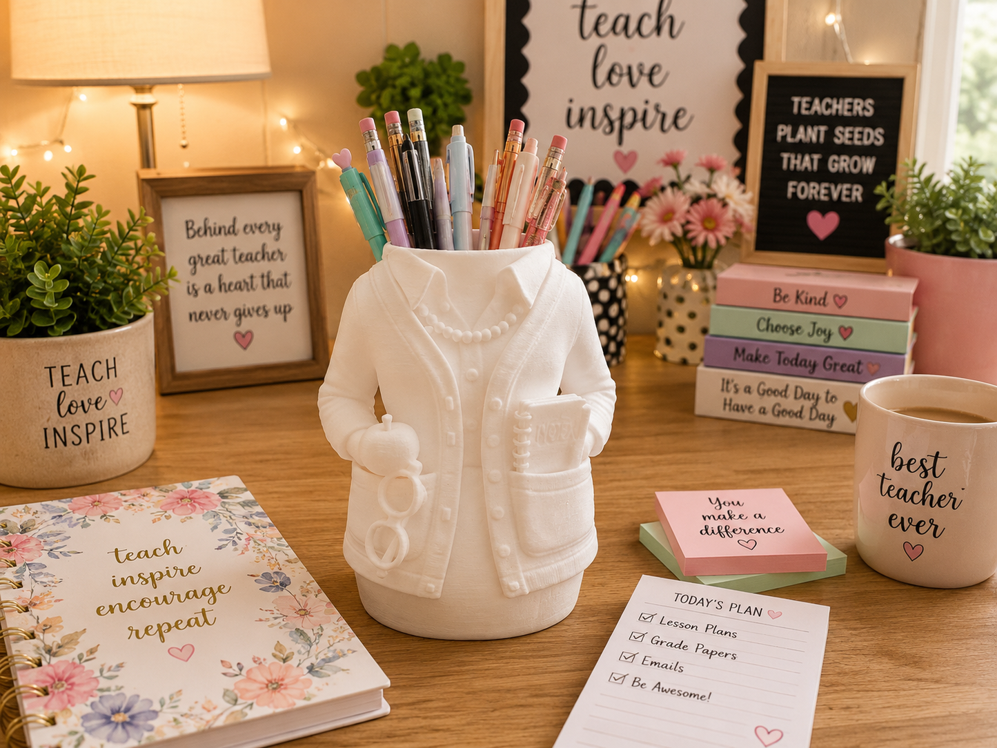 White teacher-shaped pen and pencil holder filled with colorful pens and pencils on a cozy teacher desk with classroom decor