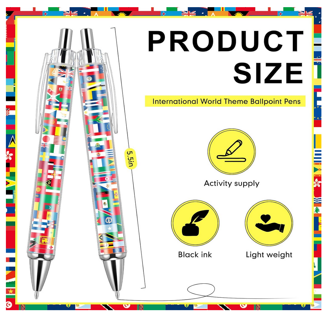 Ballpoint pen featuring a colorful design with international flags from around the world, perfect for school, journaling, or travel lovers.