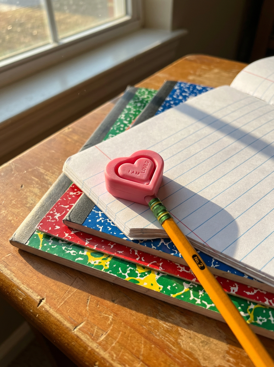 Pink heart-shaped spinning pencil topper that reads You Are Loved on a yellow pencil resting on stacked composition notebooks in sunlight by a window