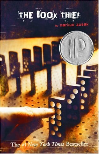 Front cover of The Book Thief by Markus Zusak, featuring an image of a domino trail against a sepia-toned background.