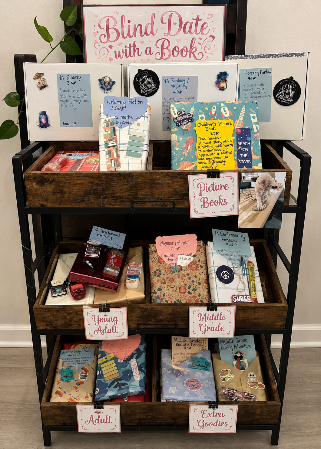 A charming bookstore display featuring wrapped books tied with twine and small hint tags, surrounded by candles, bookmarks, and soft string lights for a cozy, mysterious atmosphere.
