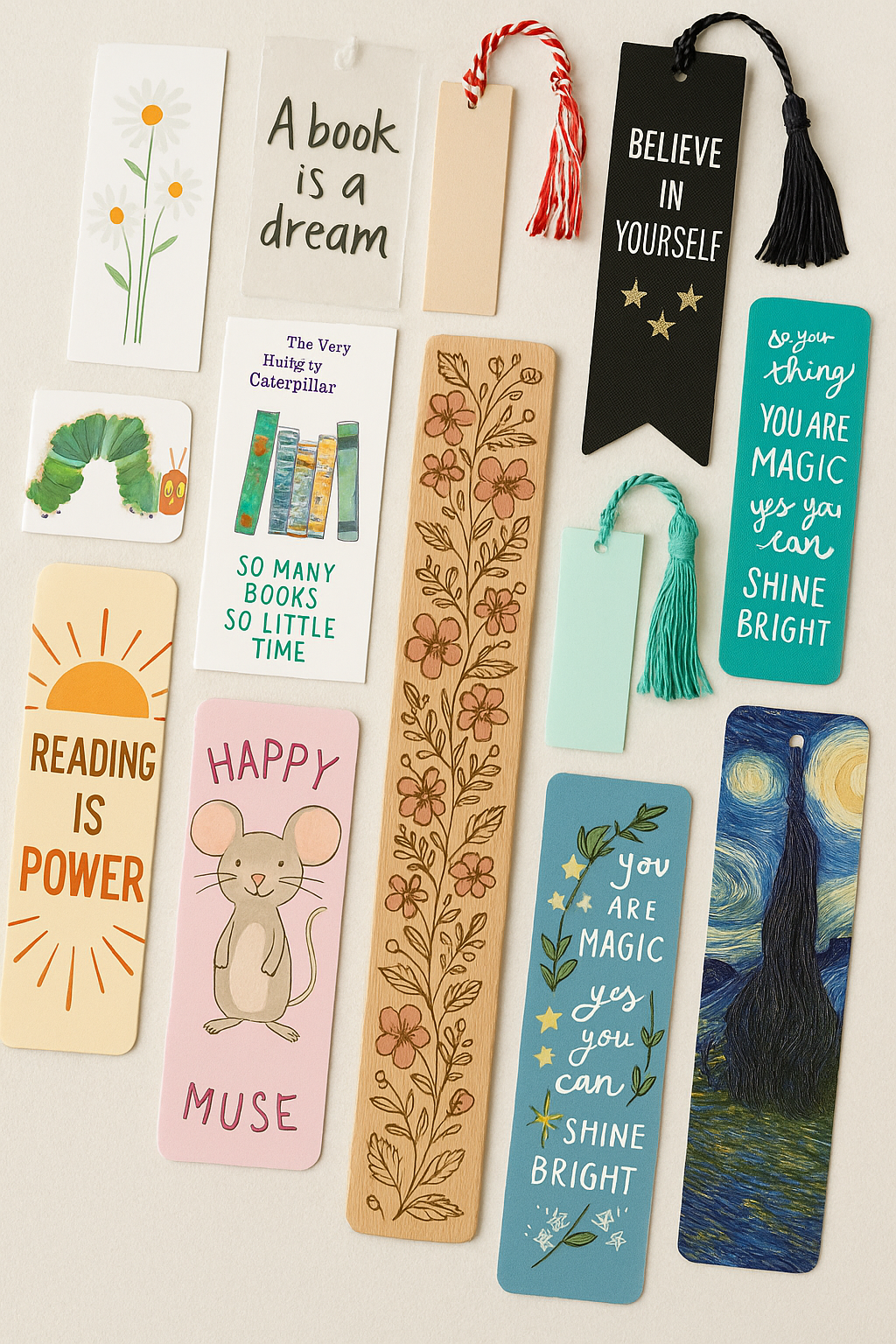 A cozy bookstore table displaying a variety of bookmarks—magnetic, tassel, and illustrated—arranged beside open books, candles, and a steaming mug under warm lighting.