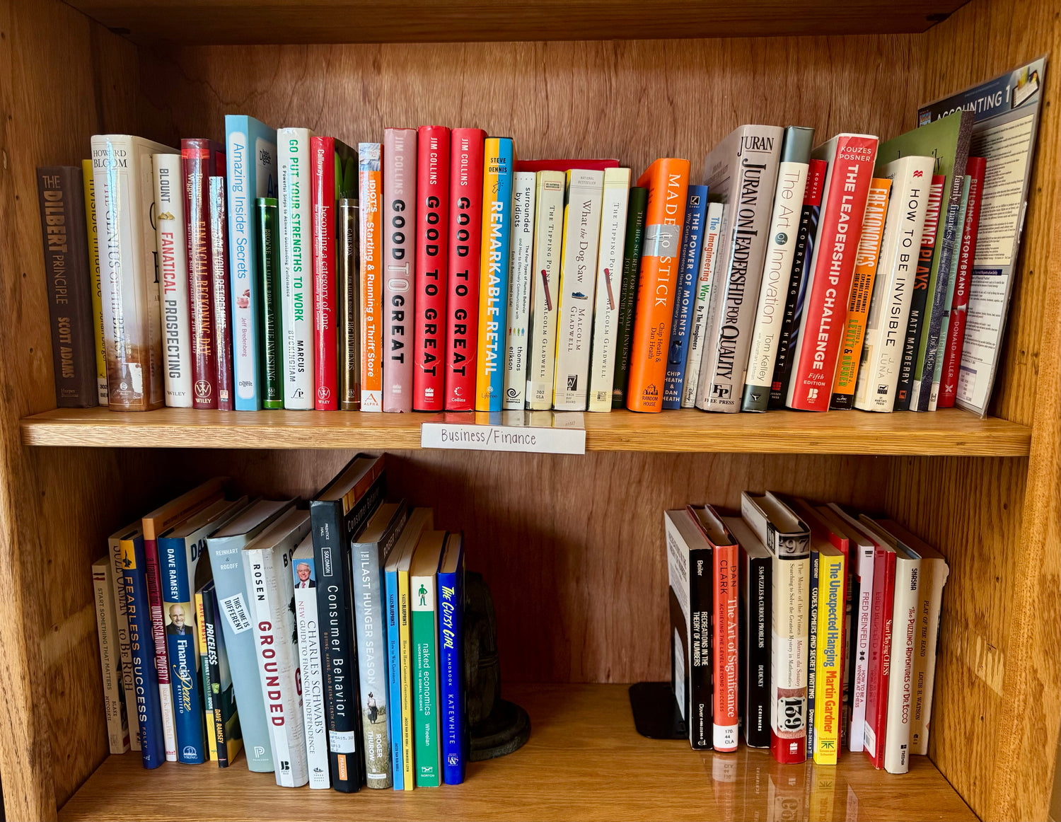 A clean bookstore display featuring business and finance books stacked neatly beside a notebook, reading glasses, and a small plant, creating a professional yet welcoming look.