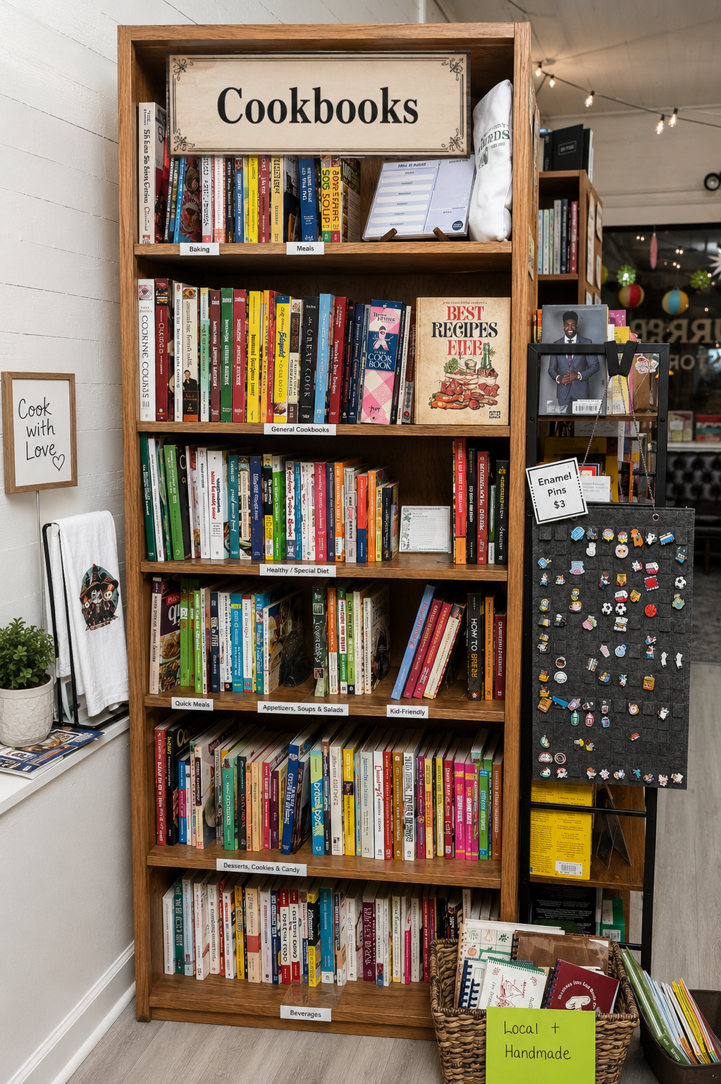 A warm bookstore display featuring cook books arranged beside a wooden cutting board, fresh herbs, and a small kitchen towel, giving it a cozy, homey feel.