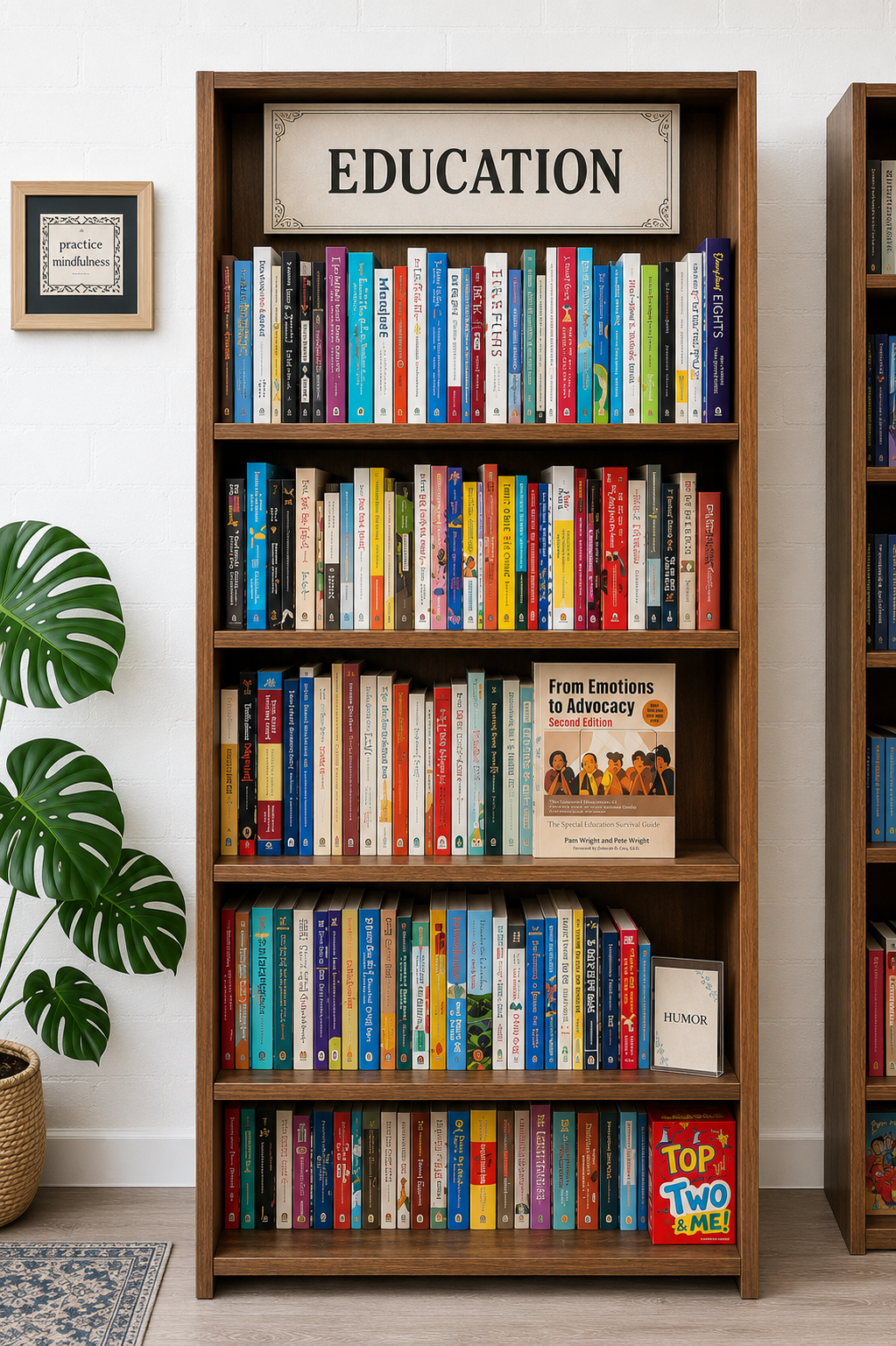 A tidy bookstore display featuring education-themed nonfiction books arranged beside notebooks, pencils, and a small chalkboard reading “Education,” with warm, welcoming lighting.
