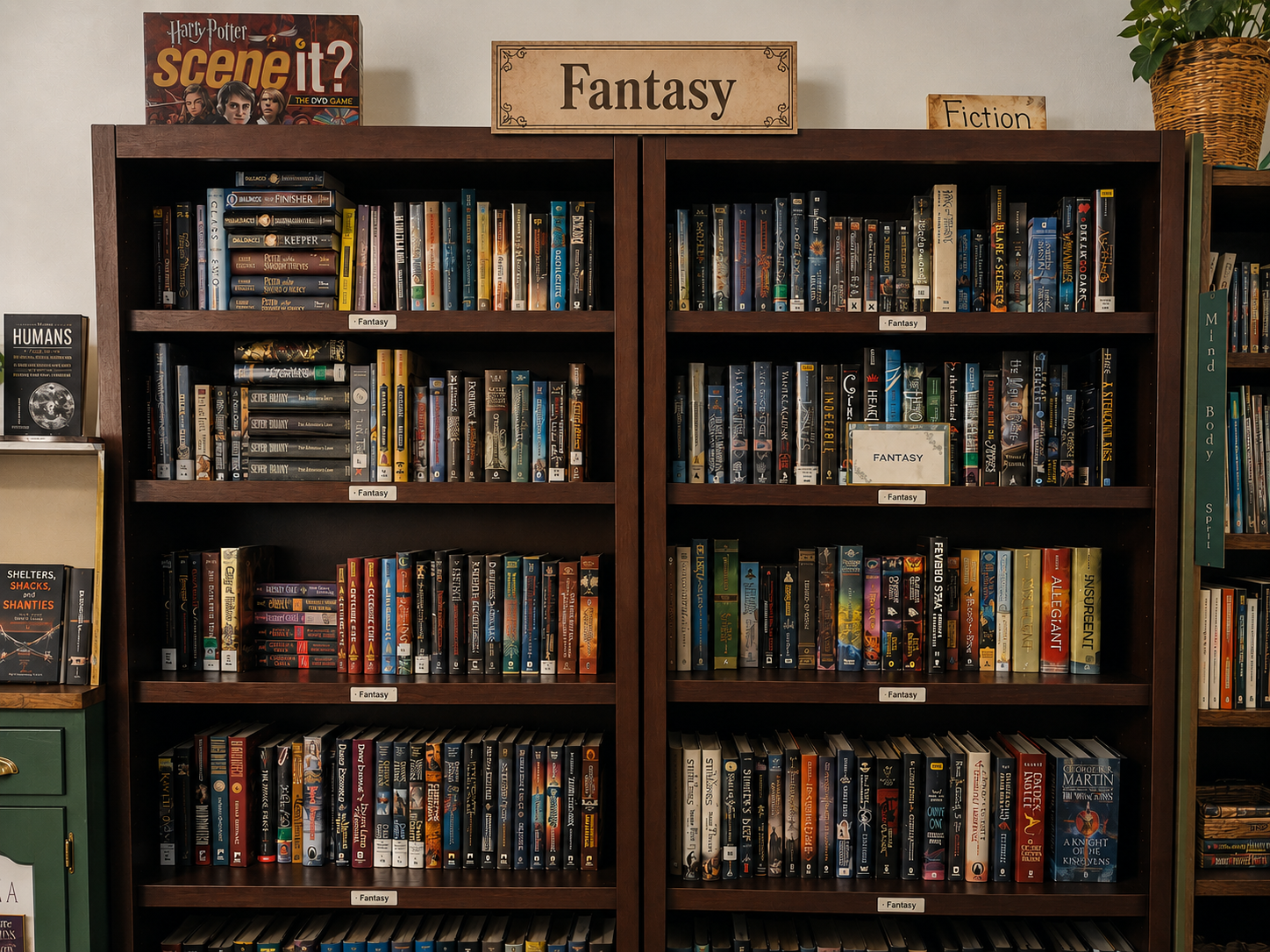 A moody bookstore display featuring fantasy novels with rich, colorful covers, surrounded by candles, crystals, and twinkling string lights for an enchanted atmosphere.