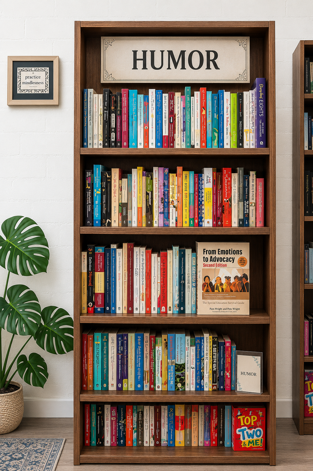A cheerful bookstore table featuring colorful humor novels and lighthearted reads, surrounded by bright décor, a coffee mug, and a vase of fresh flowers.