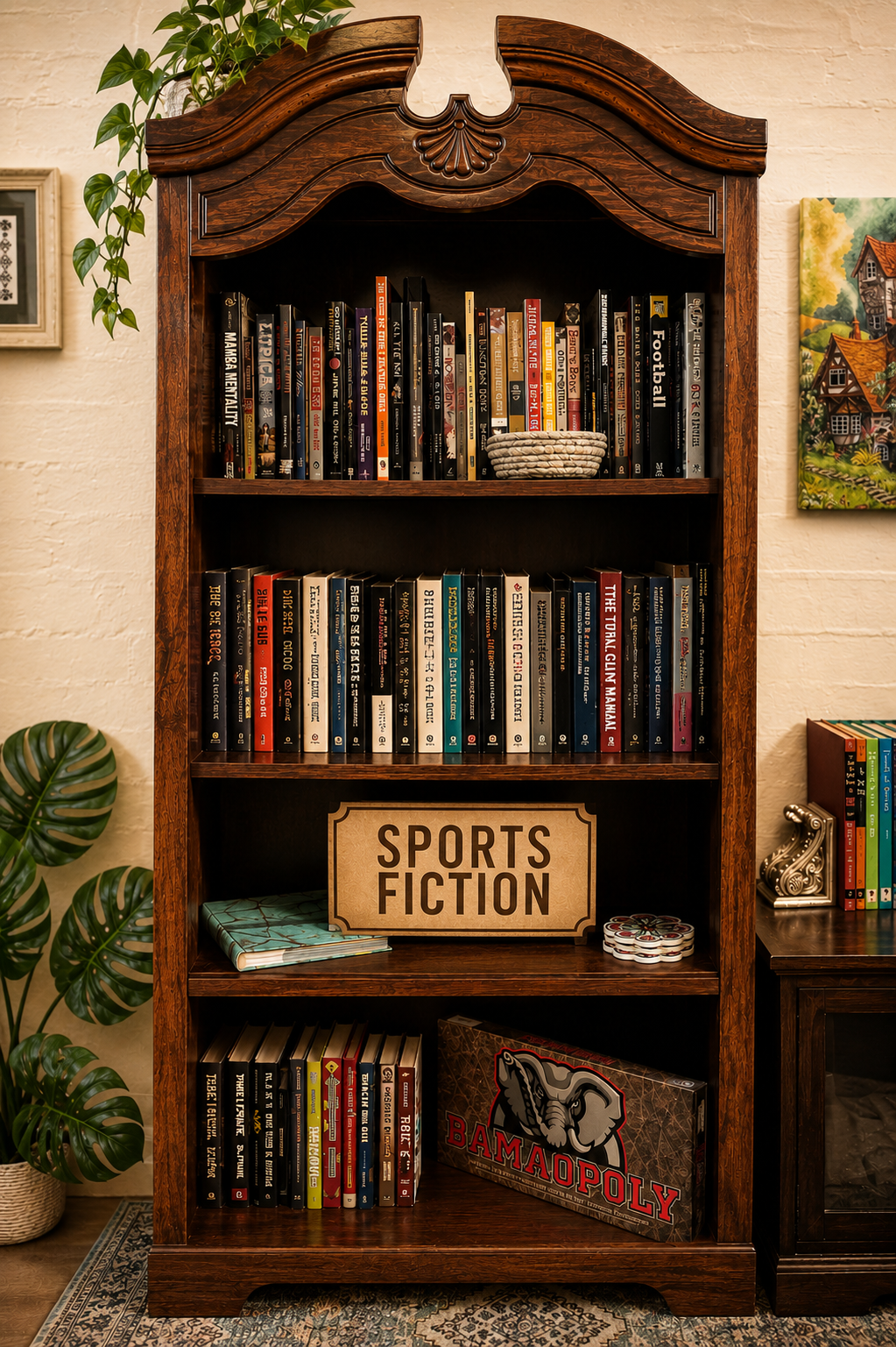 A dynamic bookstore display featuring sports fiction novels, a baseball glove, sneakers, and a coffee mug beside neatly stacked books, lit with natural light.