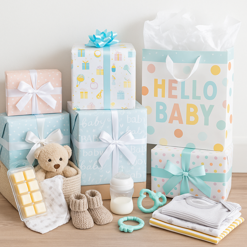 A soft, inviting bookstore display featuring baby shower gifts like board books, plush toys, and gift sets wrapped in pastel paper and ribbons with gentle natural lighting.