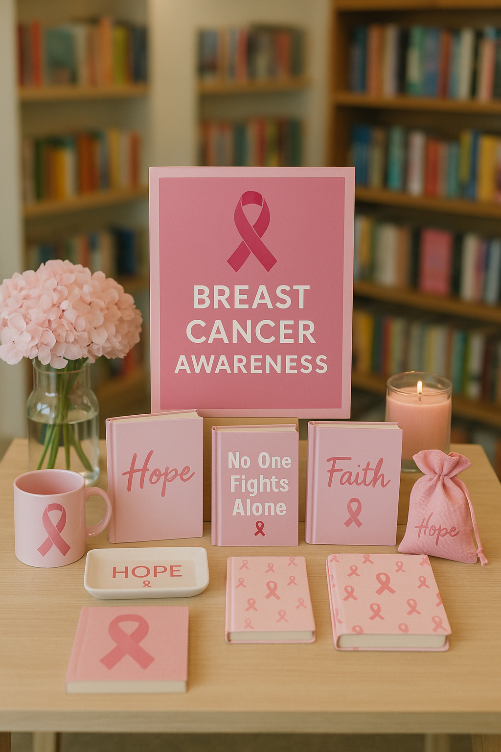 A soft, supportive display featuring pink ribbon–themed gifts and awareness items arranged with warm lighting and gentle, encouraging décor.