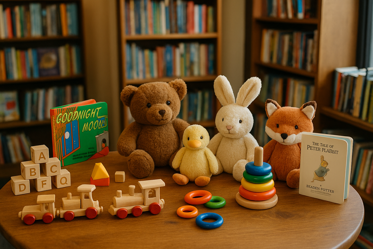 A colorful display of children’s toys arranged neatly on shelves, including plush items, activity toys, and small games in a bright and cheerful setting.