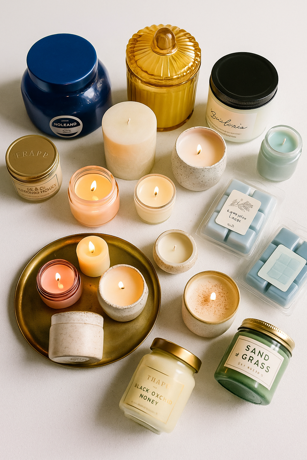A cozy bookstore display featuring hand-poured candles and wax melts arranged beside stacks of books, twinkle lights, and a steaming cup of coffee.