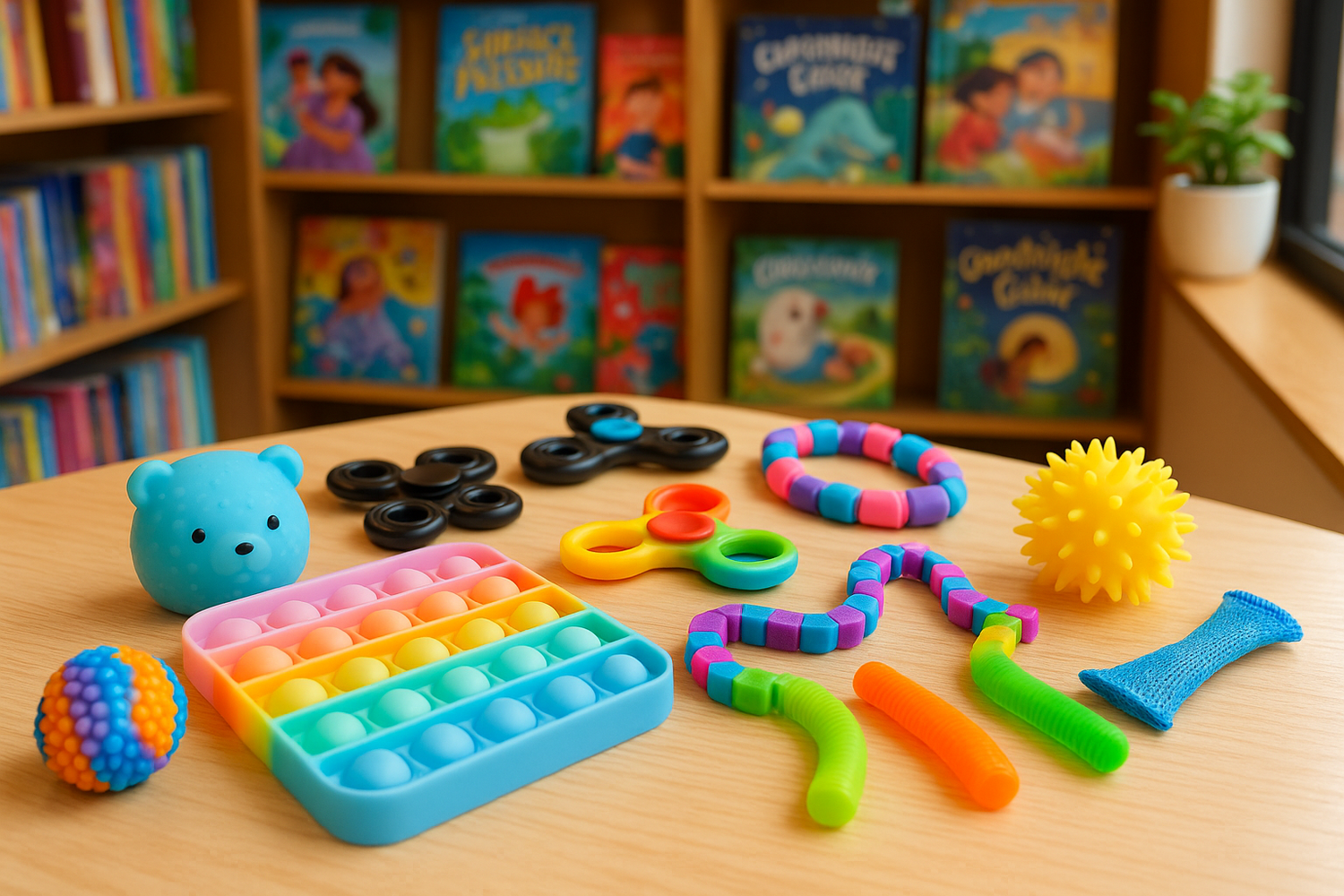 A colorful bookstore display featuring fidget spinners, sensory squish toys, and textured stress balls arranged beside children’s books under bright, cheerful lighting.