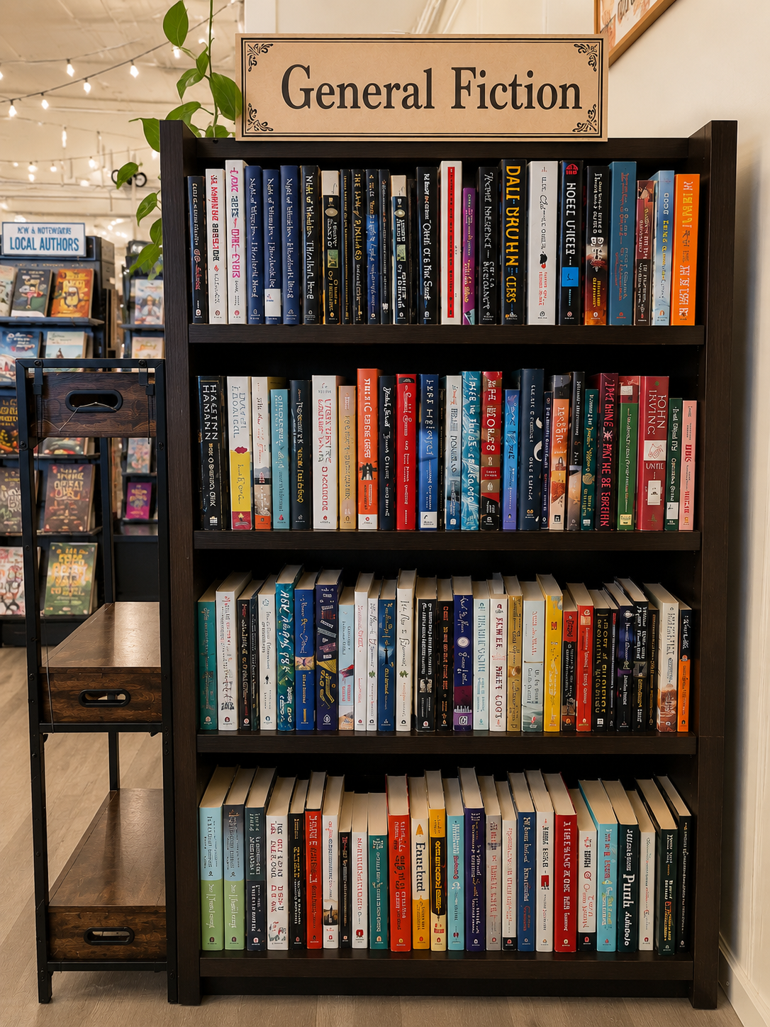 A cozy bookstore display featuring stacks of fiction books with soft lighting, a steaming cup of coffee, and rustic décor creating a warm reading atmosphere.