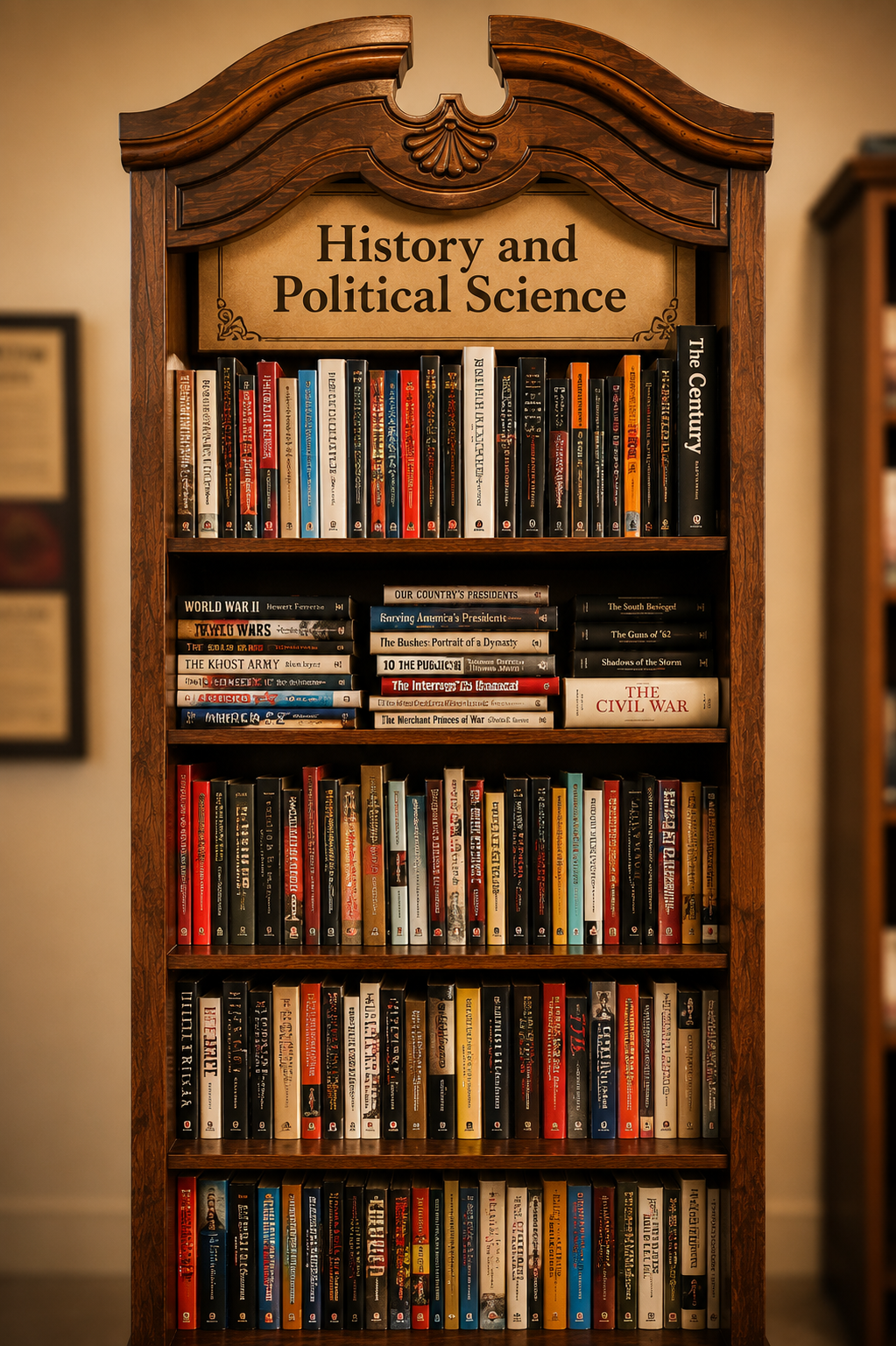 A warm bookstore display featuring a variety of history nonfiction books stacked beside a globe, vintage-style décor, and soft golden lighting.