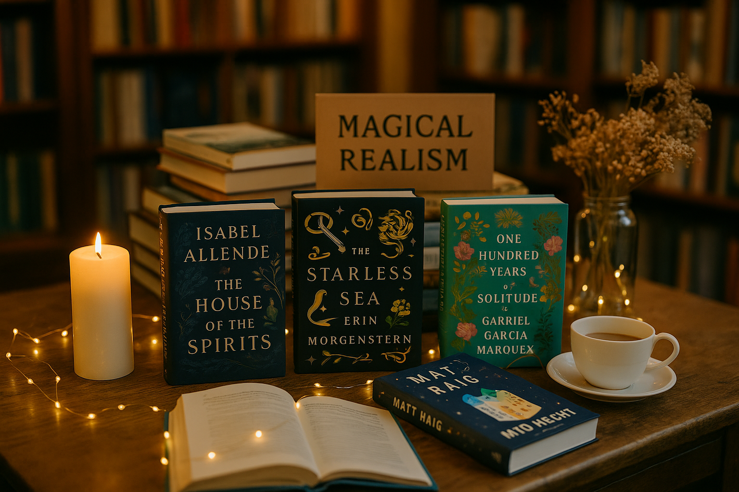A dreamy bookstore table display with magical realism novels, candles, a teacup, dried flowers, and softly glowing fairy lights for an ethereal mood.