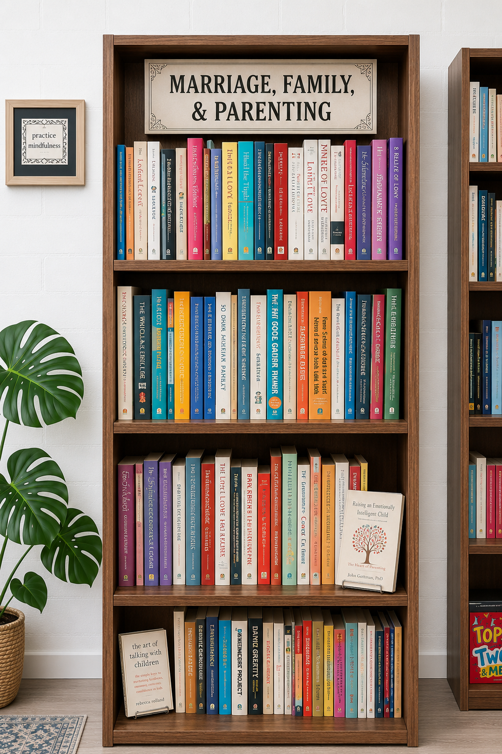 A warm bookstore display featuring parenting and family nonfiction books arranged beside a cozy mug, a framed family quote, and soft, homey décor in gentle lighting.