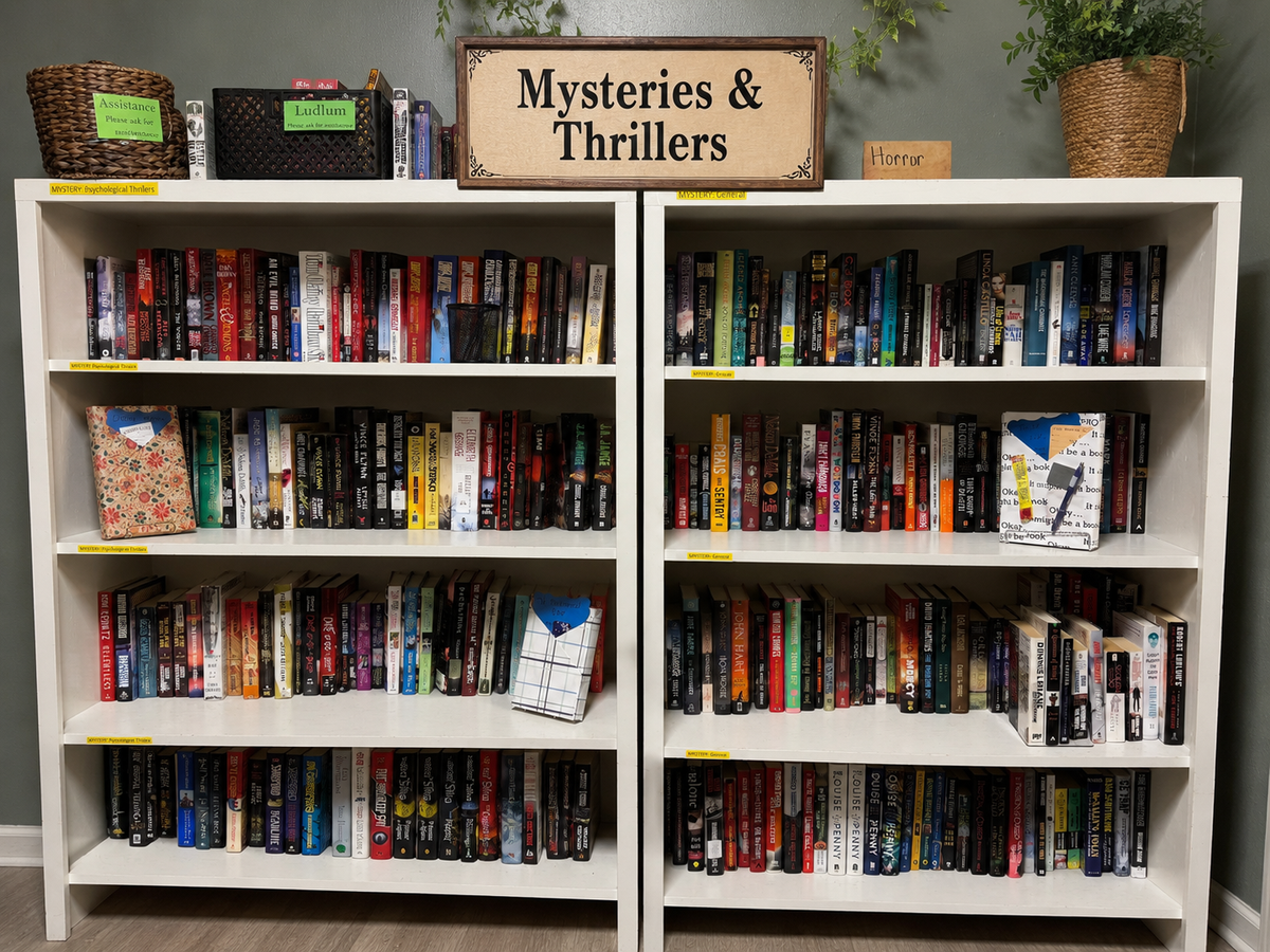 A moody bookstore display featuring mystery novels, a magnifying glass, flickering candles, and dark vintage décor for an atmospheric, suspenseful vibe.