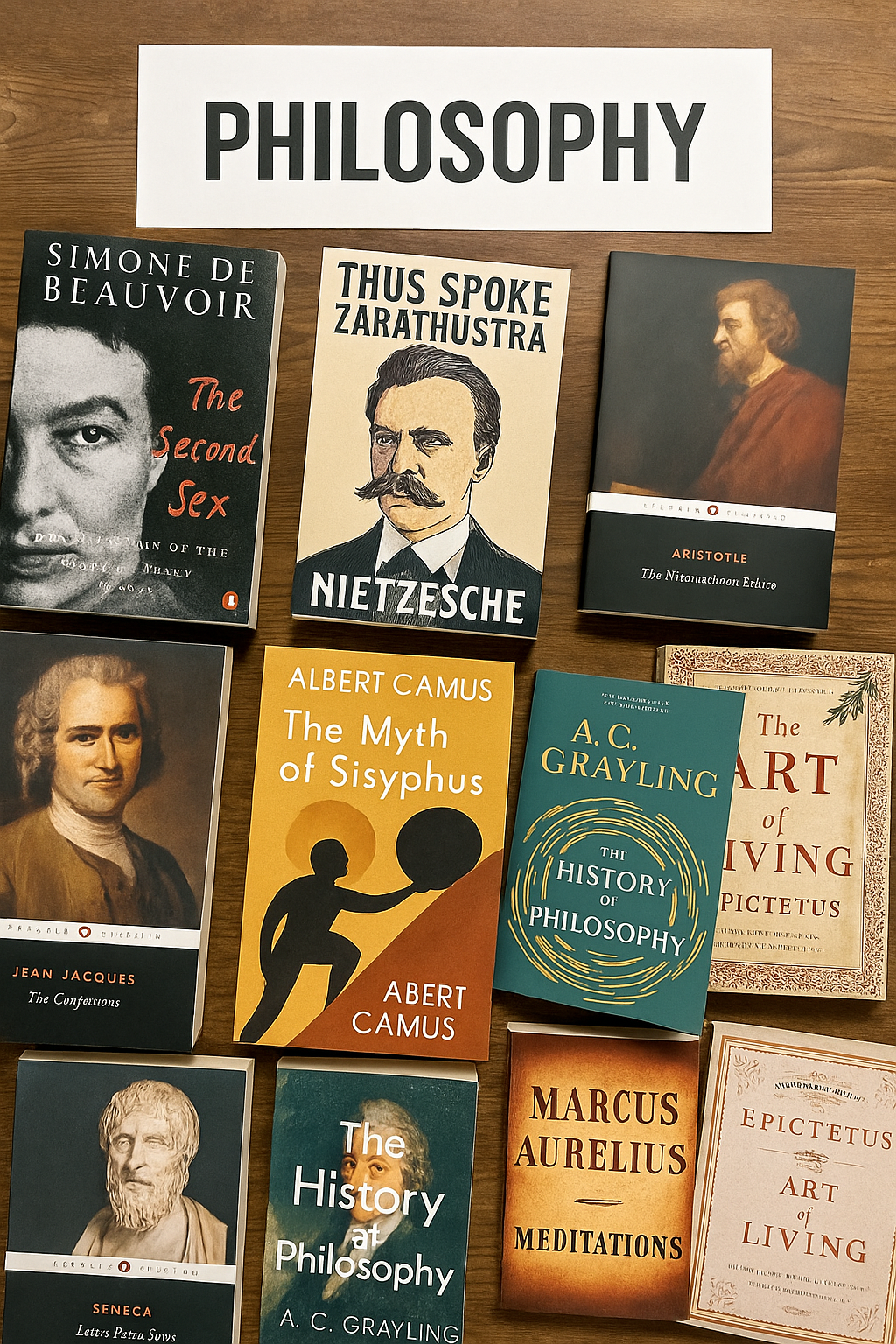 A calm bookstore display featuring philosophy nonfiction books arranged beside a small plant, a candle, and soft ambient lighting to create an inviting, reflective atmosphere.