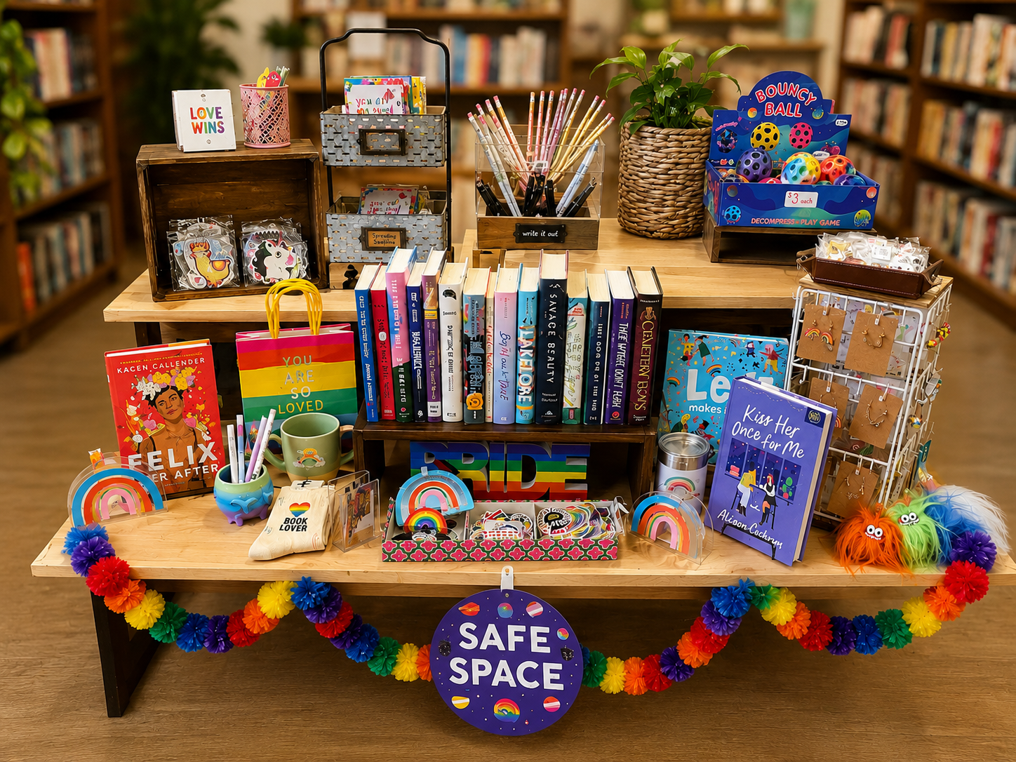 A bright bookstore display featuring LGBTQIA+ books and gifts, accented with small pride flags, colorful décor, and soft natural light that feels welcoming and inclusive.