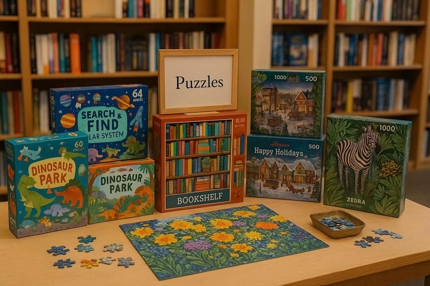 A cheerful bookstore display featuring colorful puzzles for kids and adults, arranged beside small décor pieces and warm lighting to create a playful, inviting feel.