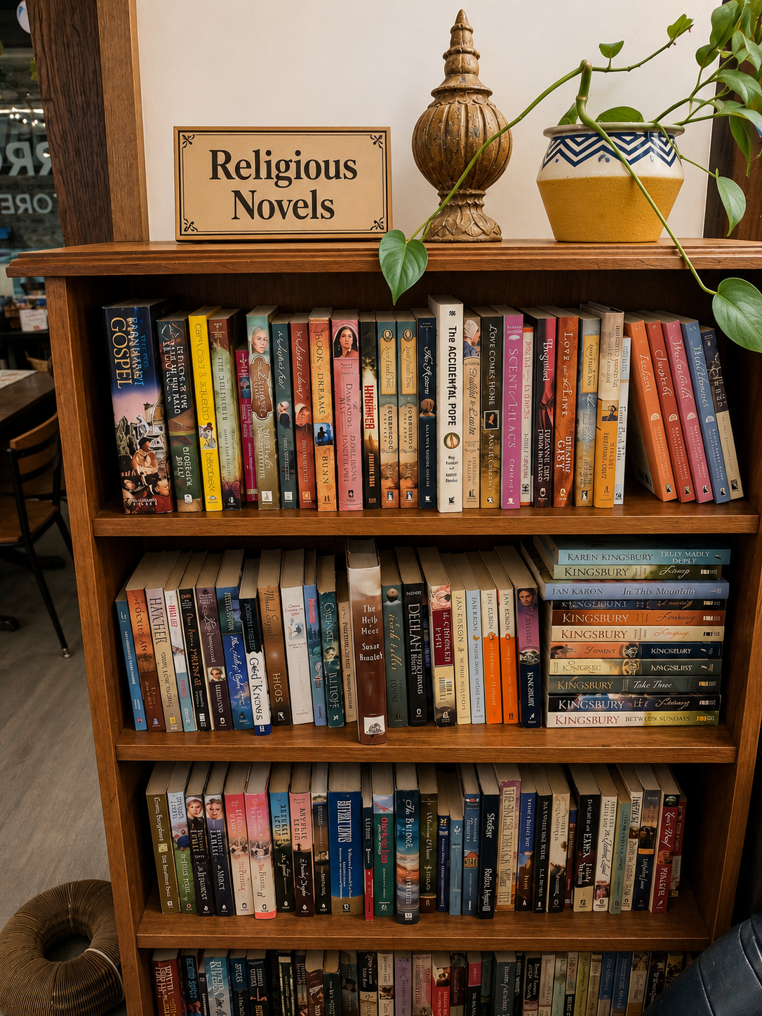 A peaceful bookstore display featuring faith-based and spiritual fiction books, a candle, a small plant, and soft, natural lighting creating a calm, reflective atmosphere.