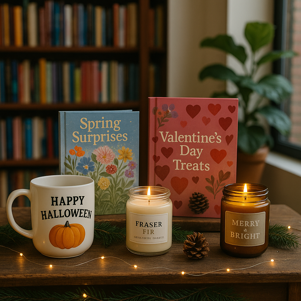 Festive display of seasonal bookstore gifts including candles, mugs, and themed books arranged with twinkling lights and cozy holiday décor.