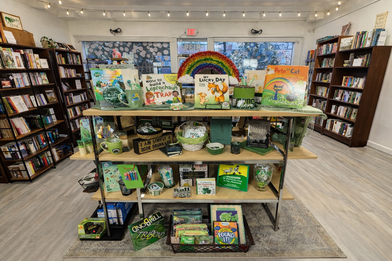 A cheerful St. Patrick’s Day display featuring green-themed children’s books and small festive items arranged with shamrock décor and warm lighting.