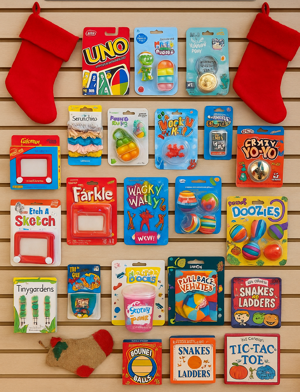 A festive display featuring small holiday gifts, children’s books, and stocking-sized items arranged with Christmas décor and cozy lighting.