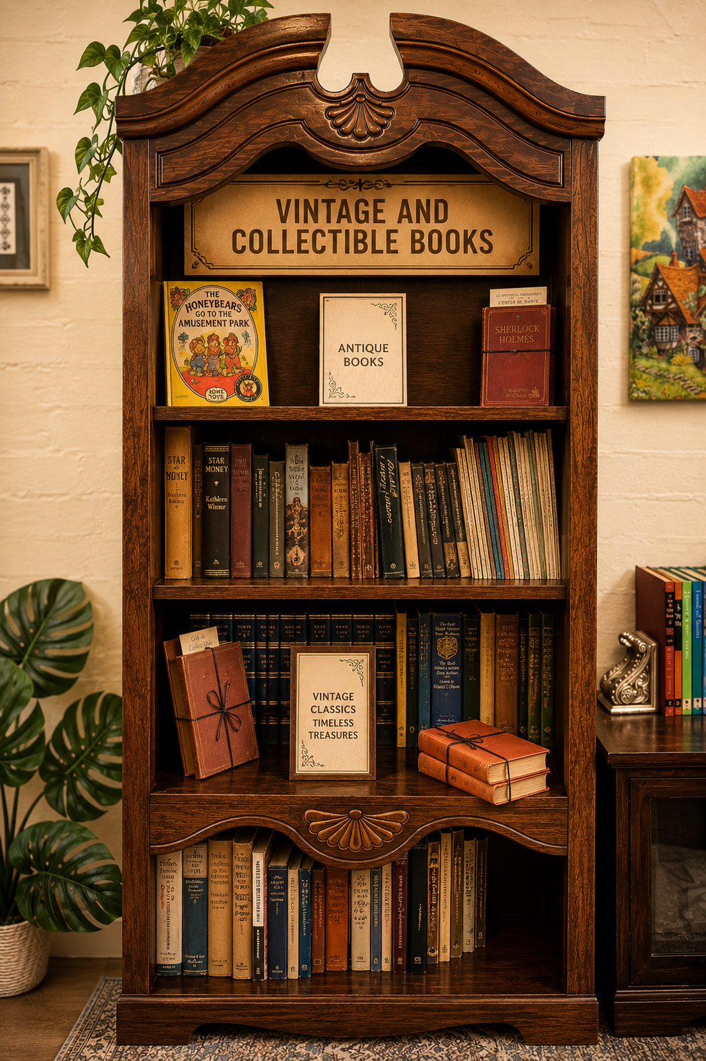 A warm bookstore display featuring vintage books, collectable trinkets, antique-style décor, and old-fashioned keepsakes arranged on a rustic wooden table.