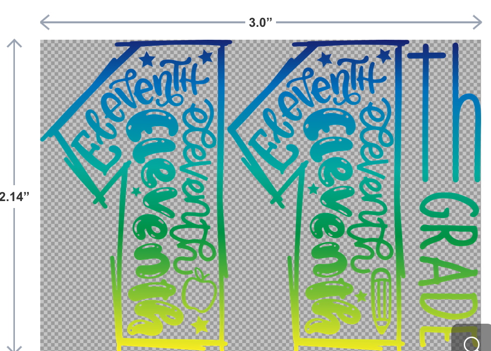 UV-DTF sticker that says 11th Grade in bold, school-themed lettering—ideal for juniors' laptops, water bottles, and notebooks.