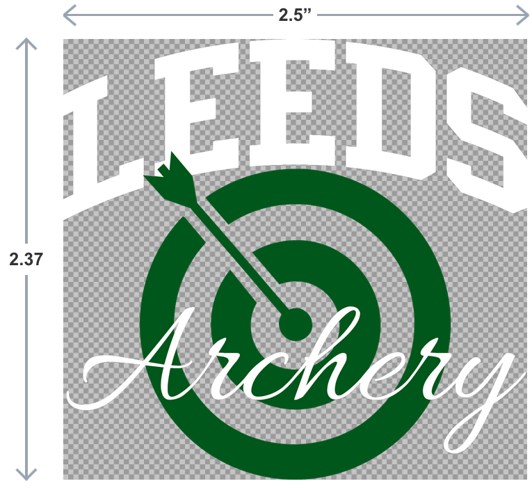 Leeds Archery UV DTF sticker shown in 5 inch car decal size and 2.5 inch water bottle size