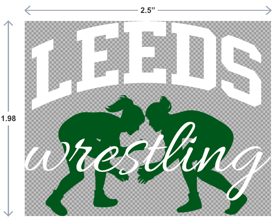 Decal with 'LEEDS wrestling' text and green silhouette of wrestlers on a gray background