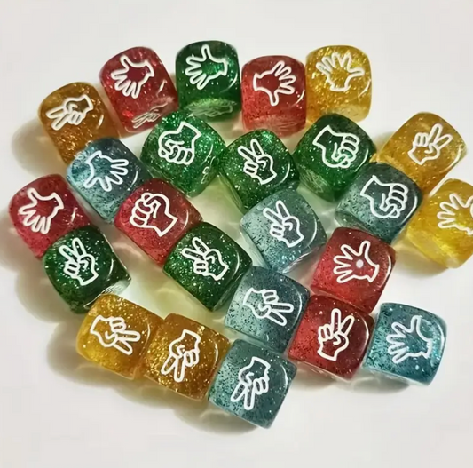 Colorful dice with hand symbols on a white background