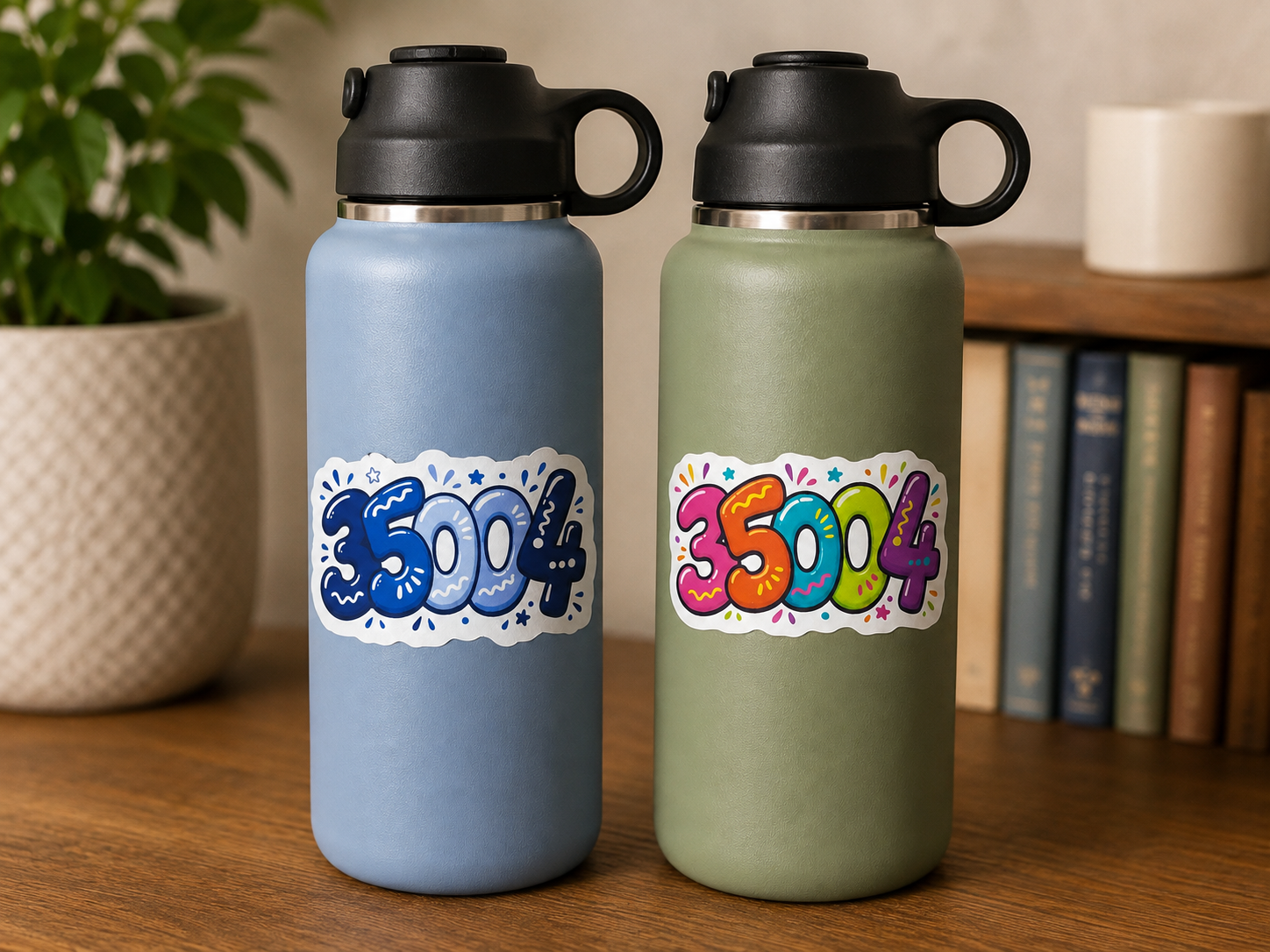 Blue and colorful 35004 school spirit sticker options displayed on water bottles