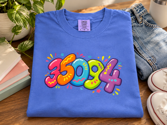 Blue Comfort Colors short-sleeved graphic t-shirt in adult size large featuring colorful 35094 bubble numbers in pink orange turquoise green and purple