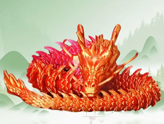 Red dragon sculpture against a light green background