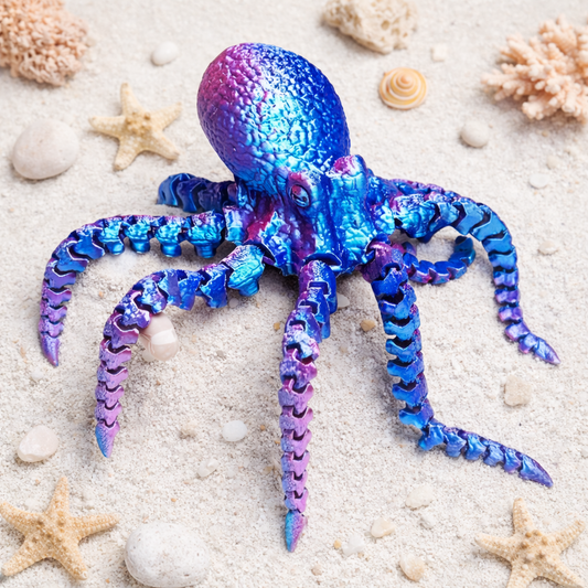 Colorful 3D printed articulated octopus with movable tentacles displayed on sand with seashells and starfish for an ocean-themed setting.