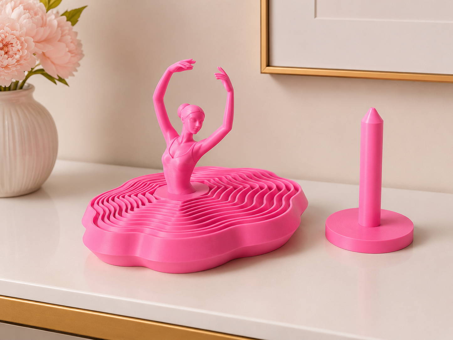 Pink 3D printed ballerina fidget spinner shown partially opened to reveal the layered spinning mechanism and included display stand.