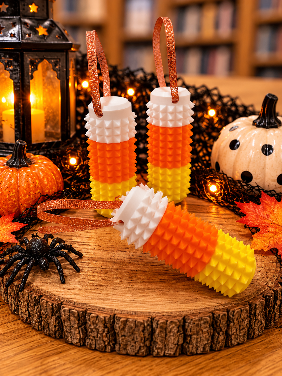 Three 3D printed candy corn fidget keychains with textured spiky surfaces in white, orange, and yellow, featuring glittery orange hanging loops and displayed with Halloween decorations.