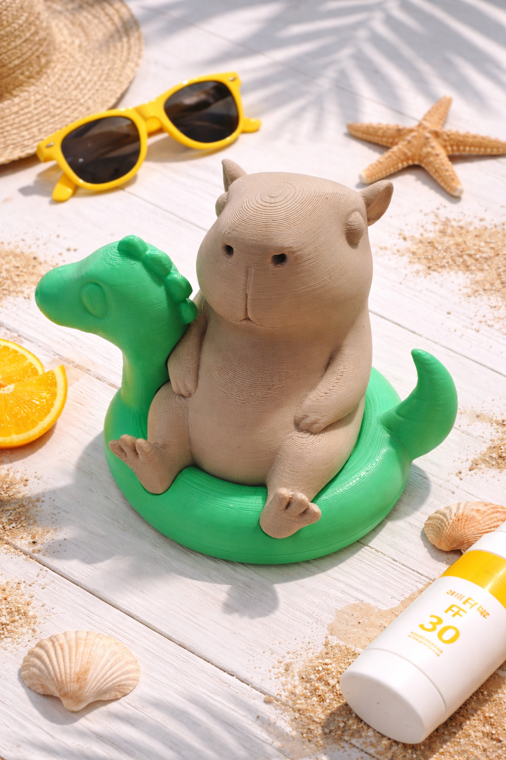 3D printed capybara sitting on a green pool float with summer beach props including sunglasses, seashells, and sunscreen